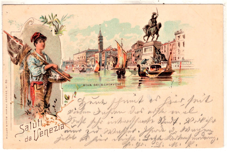 Cartolina antica Venezia saluti da Venezia riva degli Schiavoni