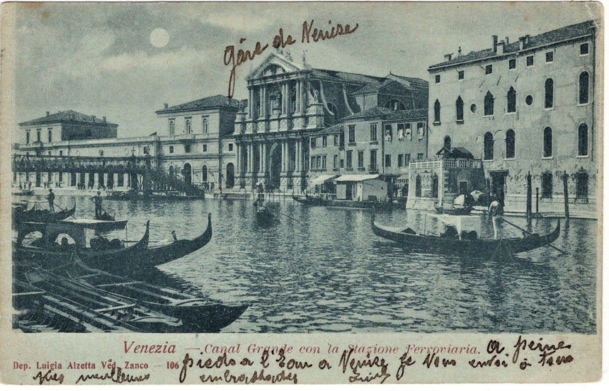 Cartolina antica Venezia Canal Grande e Stazione ferroviaria x la Francia