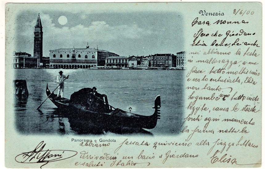 Cartolina antica Venezia panorama e gondola spedita a Trieste Austria