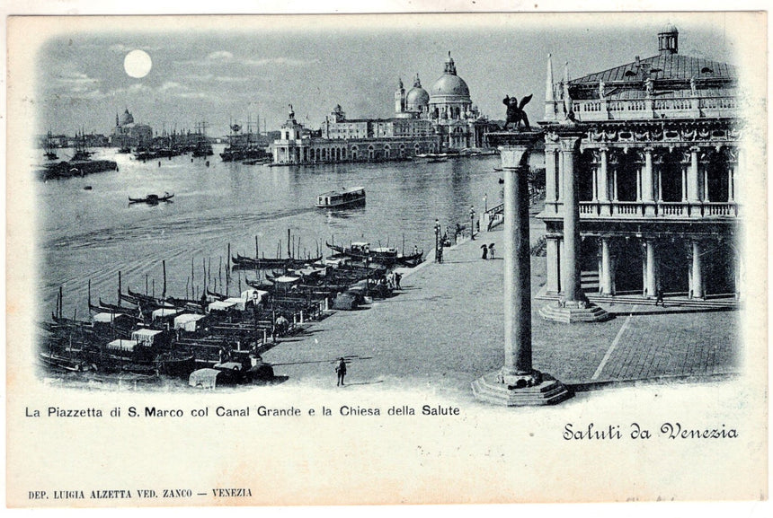 Cartolina antica Venezia piazza S.Marco e chiesa della Salute per Firenze