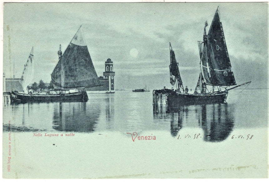 Cartolina antica Venezia nella Laguna a notte