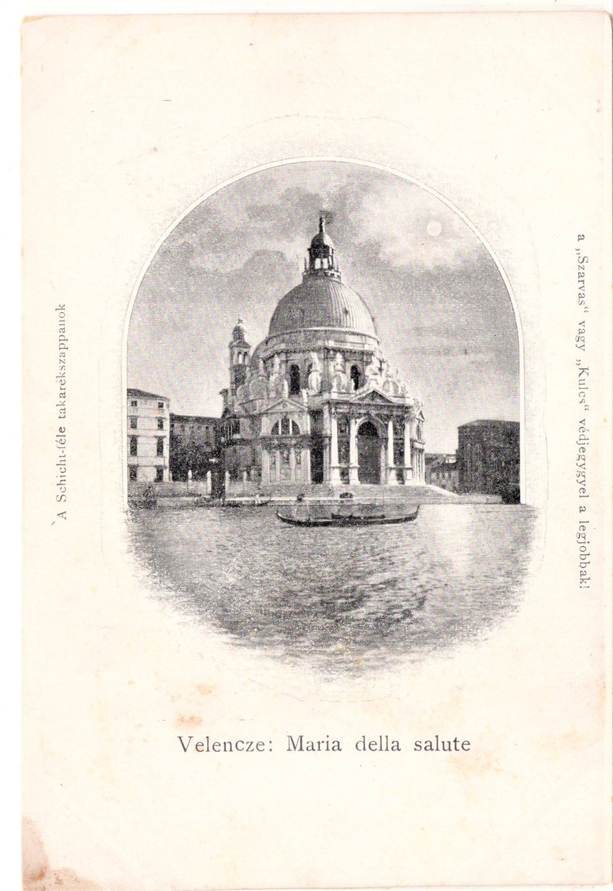 Cartolina antica Venezia Velencze Maria della Salute pubblicitaria ungherese ?