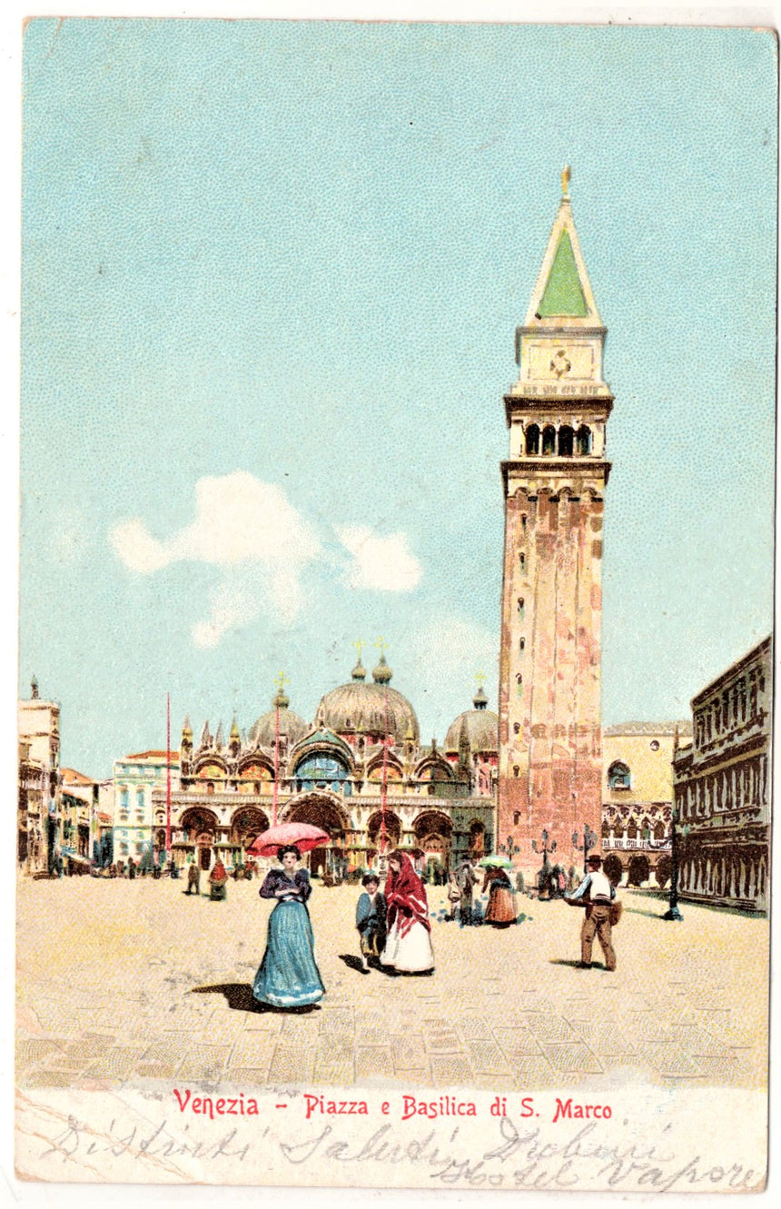 Cartolina antica Venezia Piazza e Basilica San Marco per Milano