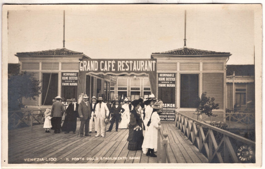 Cartolina antica Venezia Lido ponte dello stabilimento Bagni