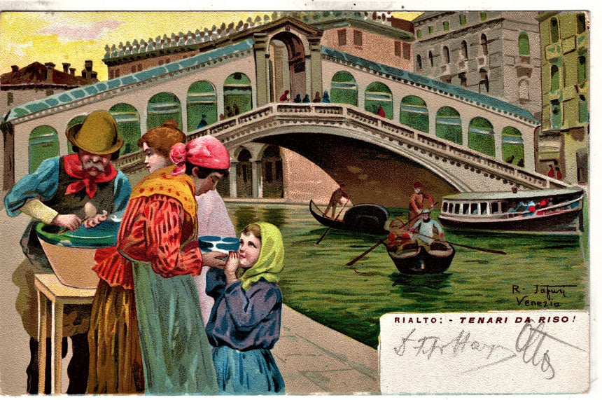 Cartolina antica Venezia Ponte Rialto tenari da riso dis. Tafuri