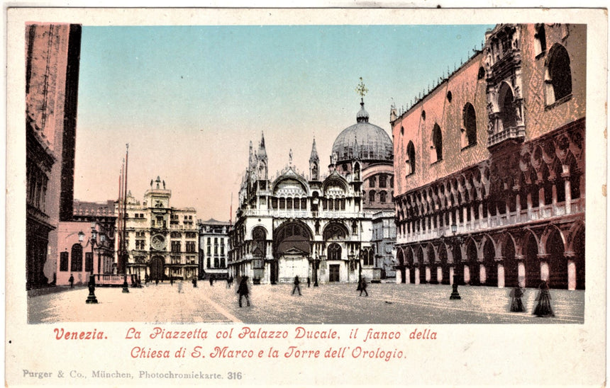 Cartolina antica Venezia piazzetta e palazzo Ducale chiesa e torre Orologio