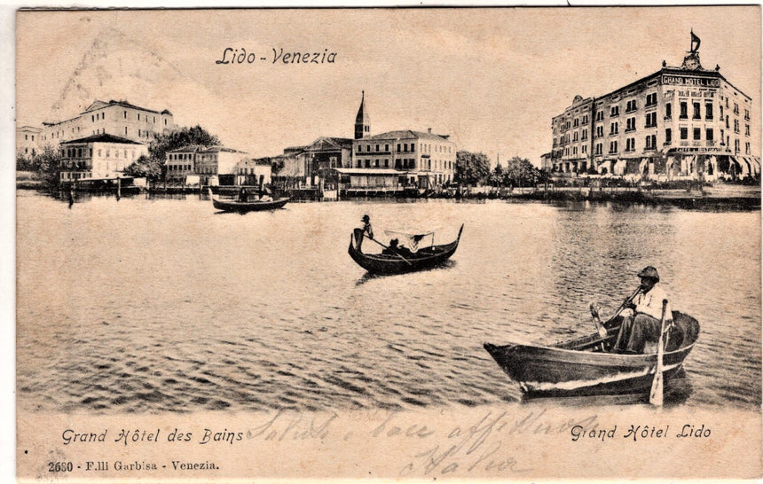 Cartolina antica Venezia Lido Grand Hotel des Bains e Hotel Lido per Berlin