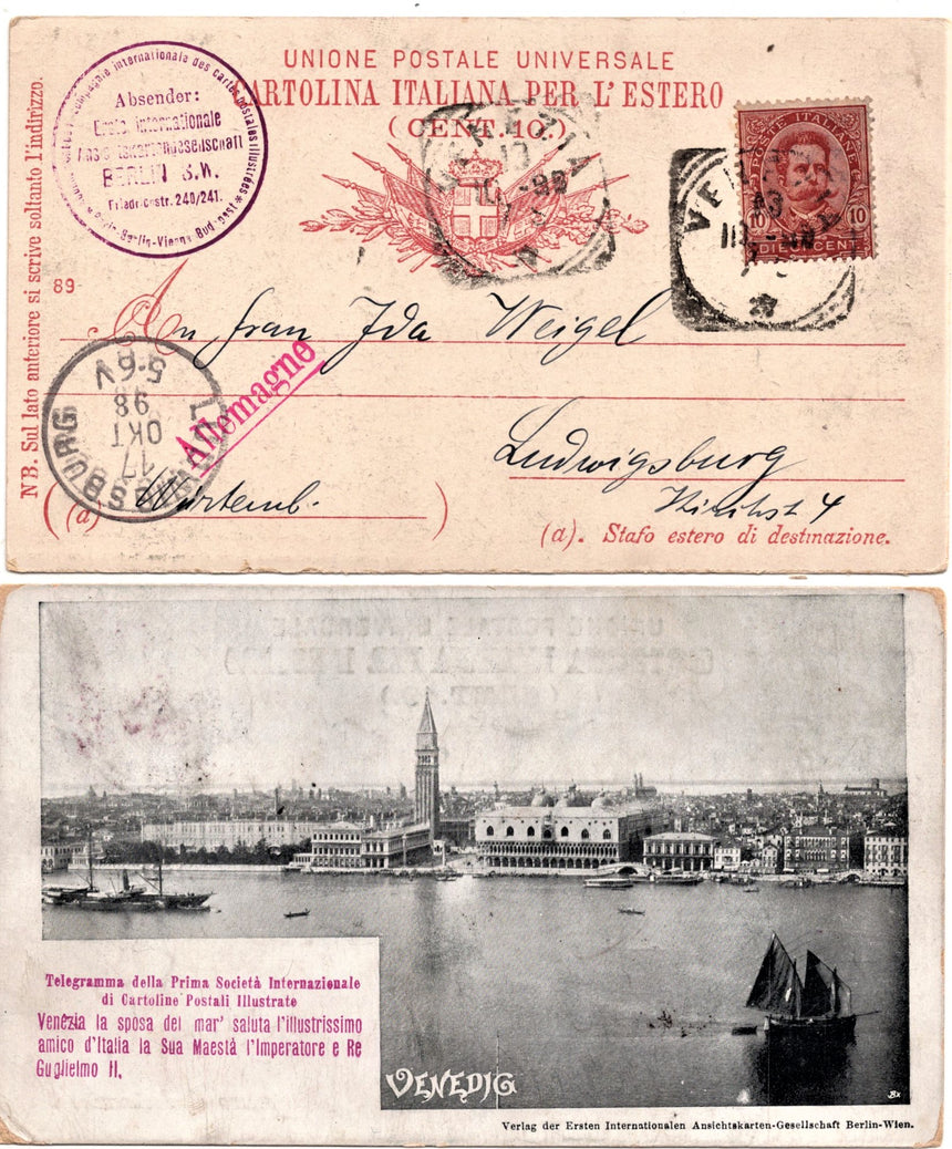 Cartolina antica Venezia telegramma della prima Soc.Inter.di cartoline postali