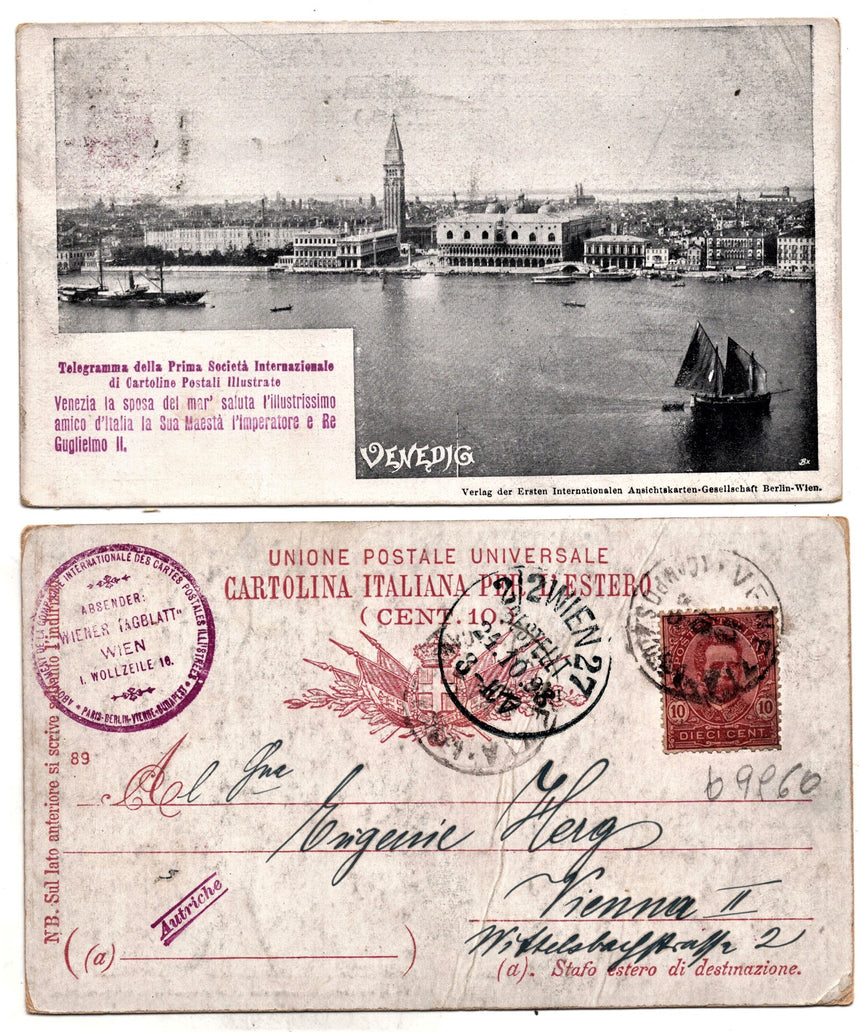 Cartolina antica Venezia telegramma della prima Soc.Inter.di cartoline postali