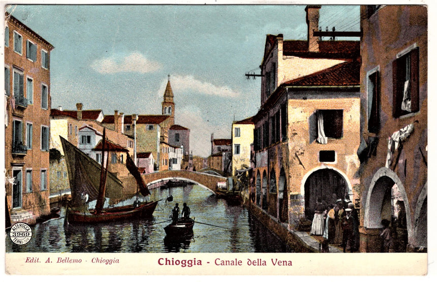 Cartolina antica Venezia Chioggia canale della Vena per Austria