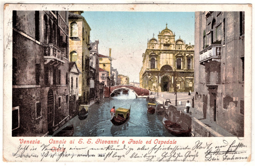 Cartolina antica Venezia Chioggia Can. SS.Giovanni e Paolo e ospedale per Germania