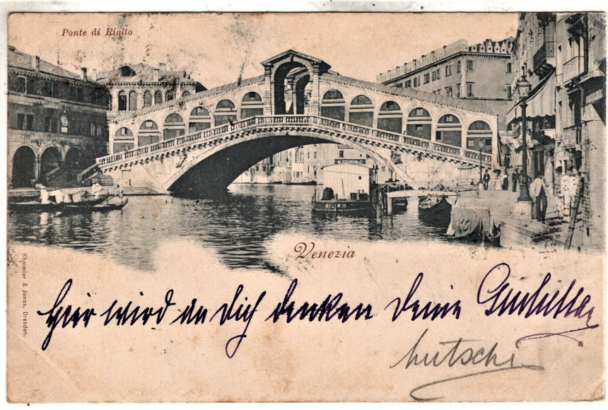 Cartolina antica Venezia Ponte di Rialto sped. A Linz Austria