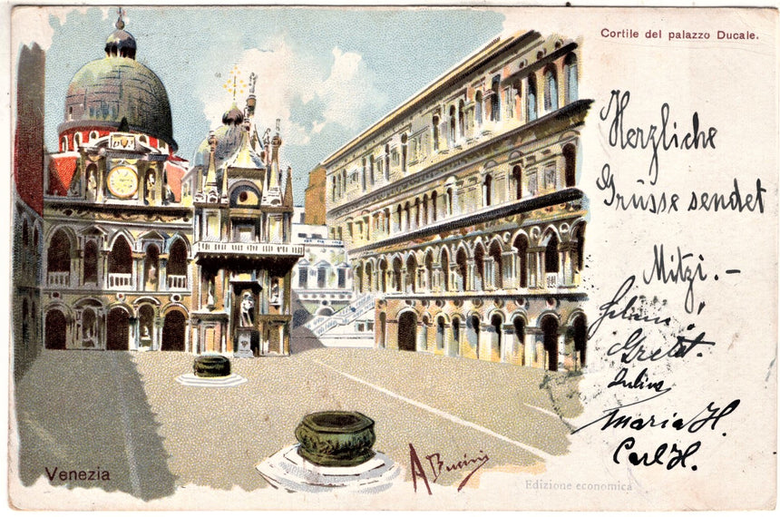 Cartolina antica Venezia Cortile del palazzo Ducale sped. a Wien Austria