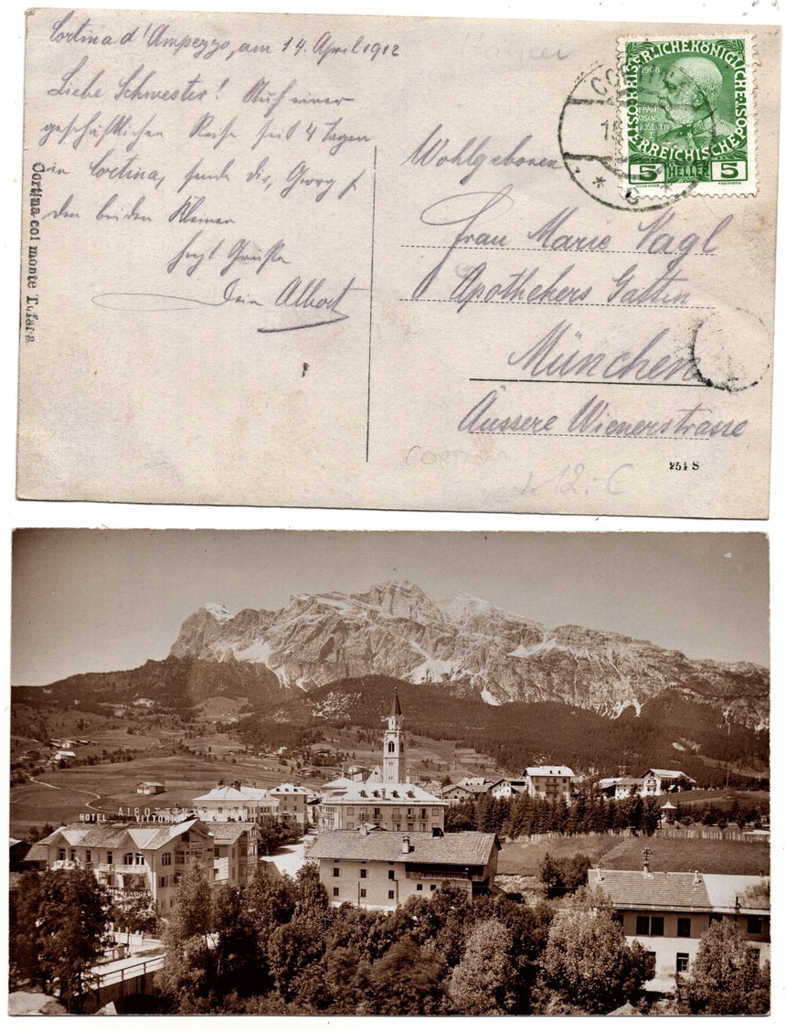 Cartolina antica Cortina panorama con Hotel Vittoria