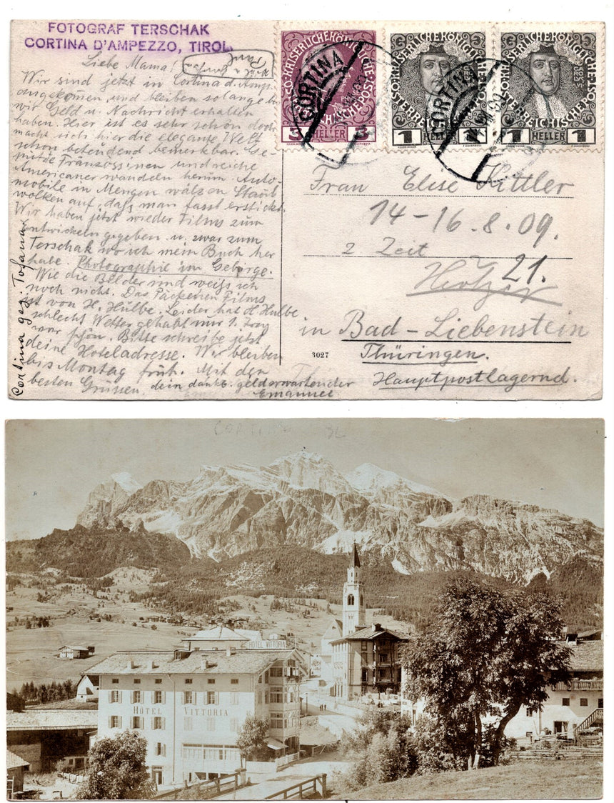 Cartolina antica Cortina panorama con Hotel Vittoria fotografica