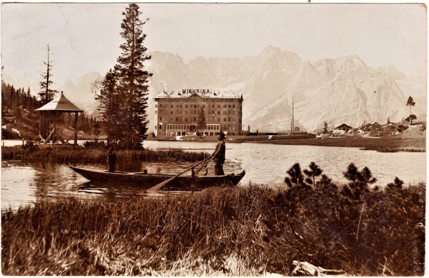 Cartolina antica Cortina lago e Hotel Misurina fotografica