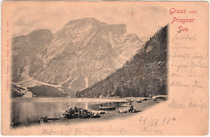 Cartolina antica Cortina Gruss vom Pragser See sped. Da Niederdorf