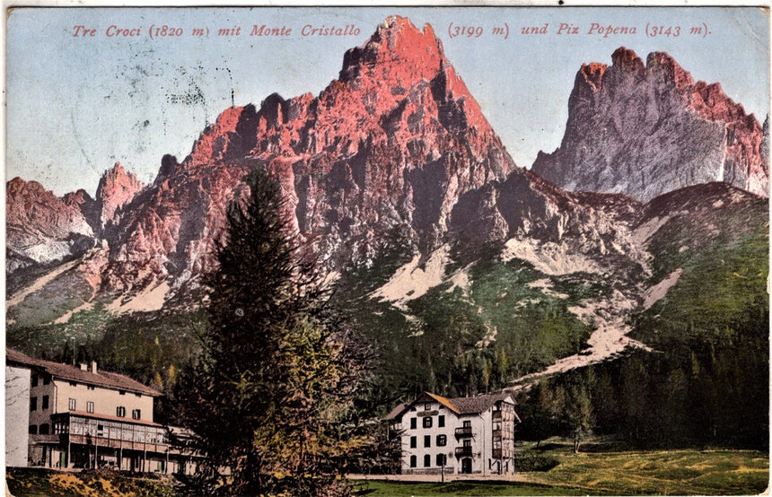 Cartolina antica Cortina hotel tre Croci timbro tre croci su 5 Heller
