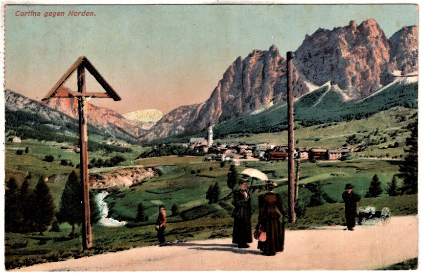 Cartolina antica Cortina gegen Norden spedita con bolli 3 e 2 Heller da Cortina