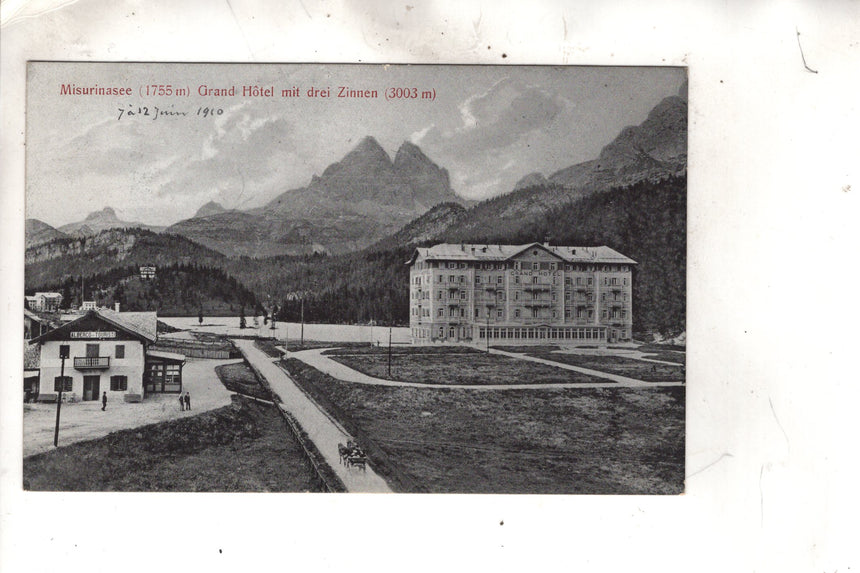 Cartolina antica Cortina Misurinasee mit Grand Hotel und drei Zinnen