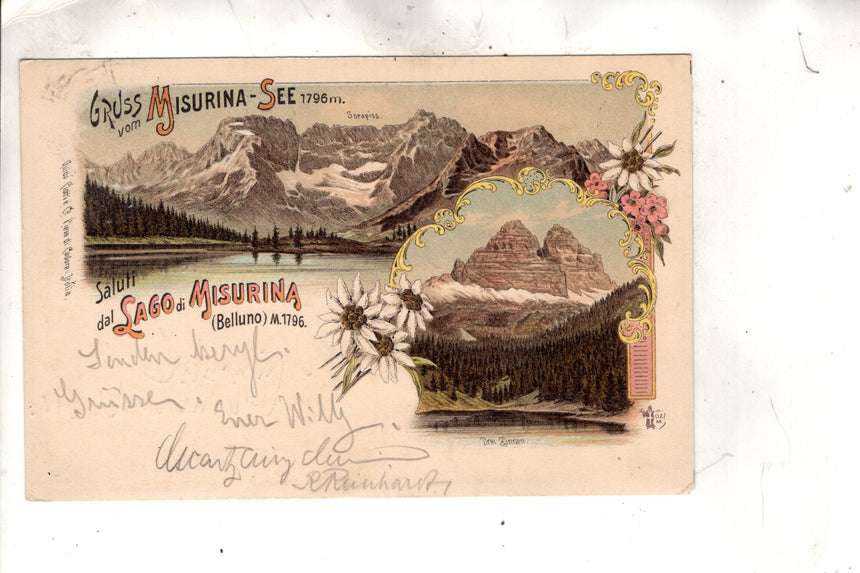 Cartolina antica Cortina Saluti dal lago di Misurina Gruss vom Misurina See