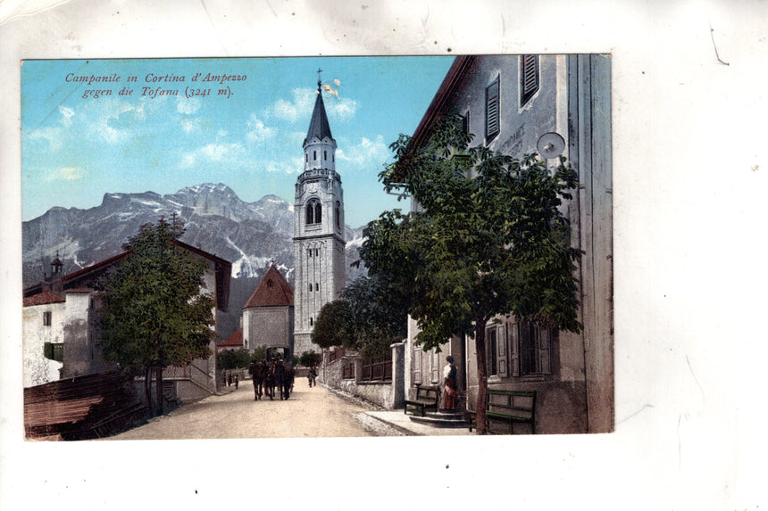 Cartolina antica Cortina d Ampezzo campanile gegen die Tofana