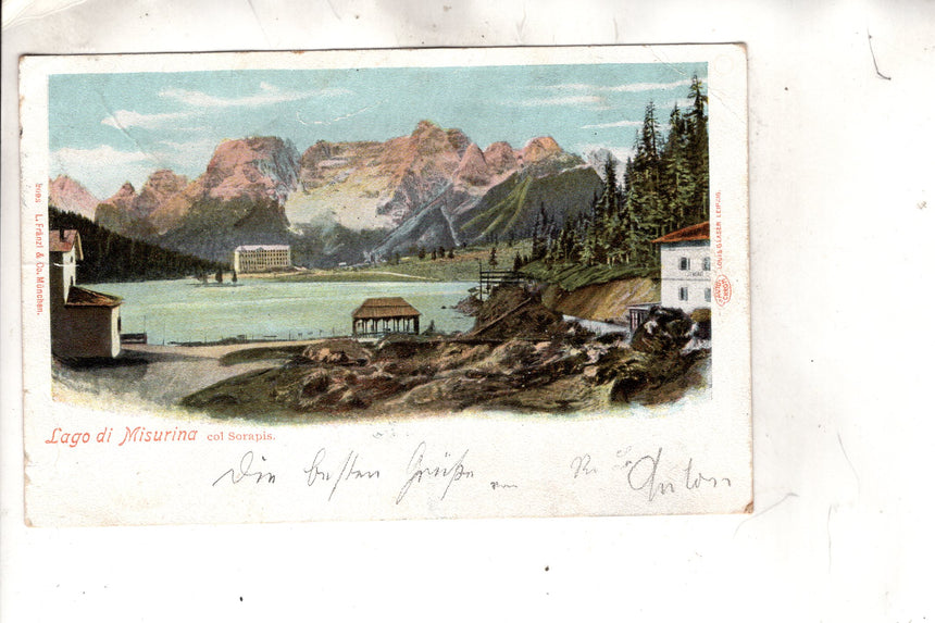 Cartolina antica Cortina lago di Misurina col Sorapis sped. da Kitzbuhel