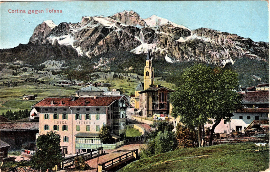 Cartolina antica Cortina gegen Tofana Hotel Vittoria