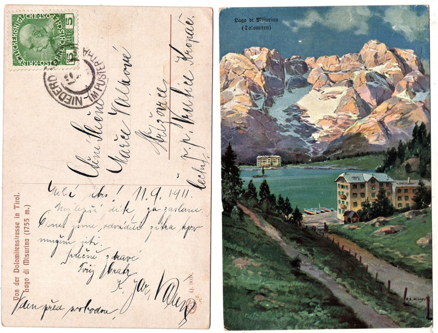Cartolina antica Cortina von der Dolomitenstrasse in Tirol lago Misurina Hòger