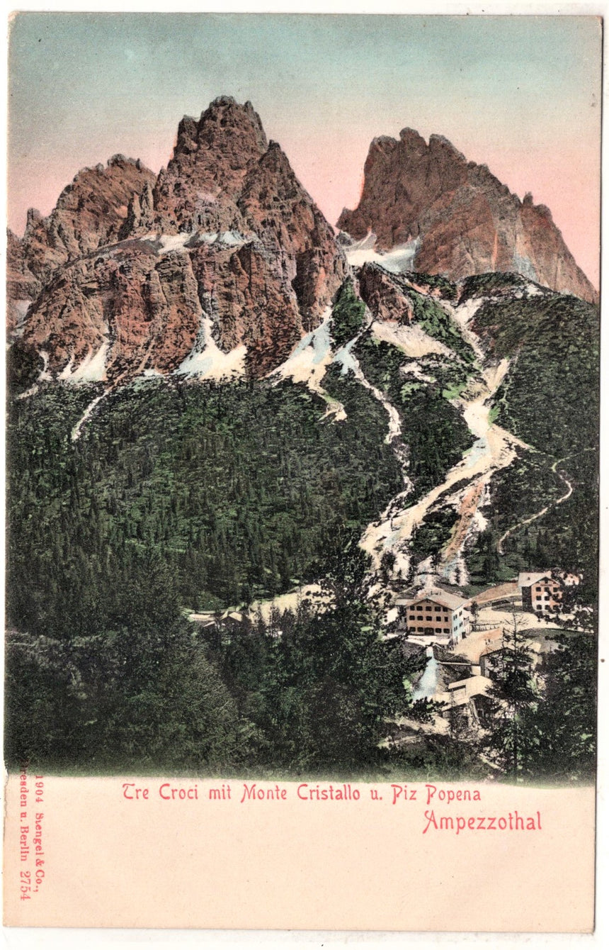 Cartolina antica Cortina Tre Croci mit monte Cristallo