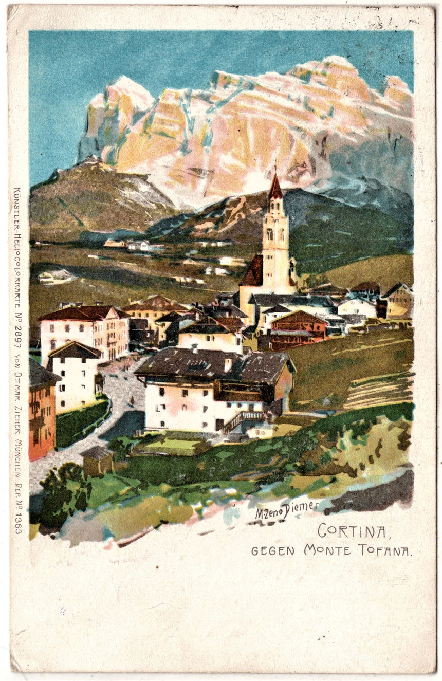 Cartolina antica Cortina gegen Monte Tofana Zeno Diemer cartolina del 1900