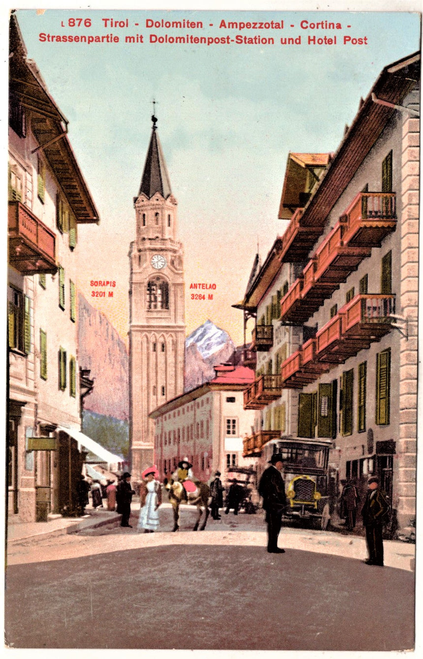 Cartolina antica Cortina Strassenpartie mit Dolomitenpost und Hotel Post