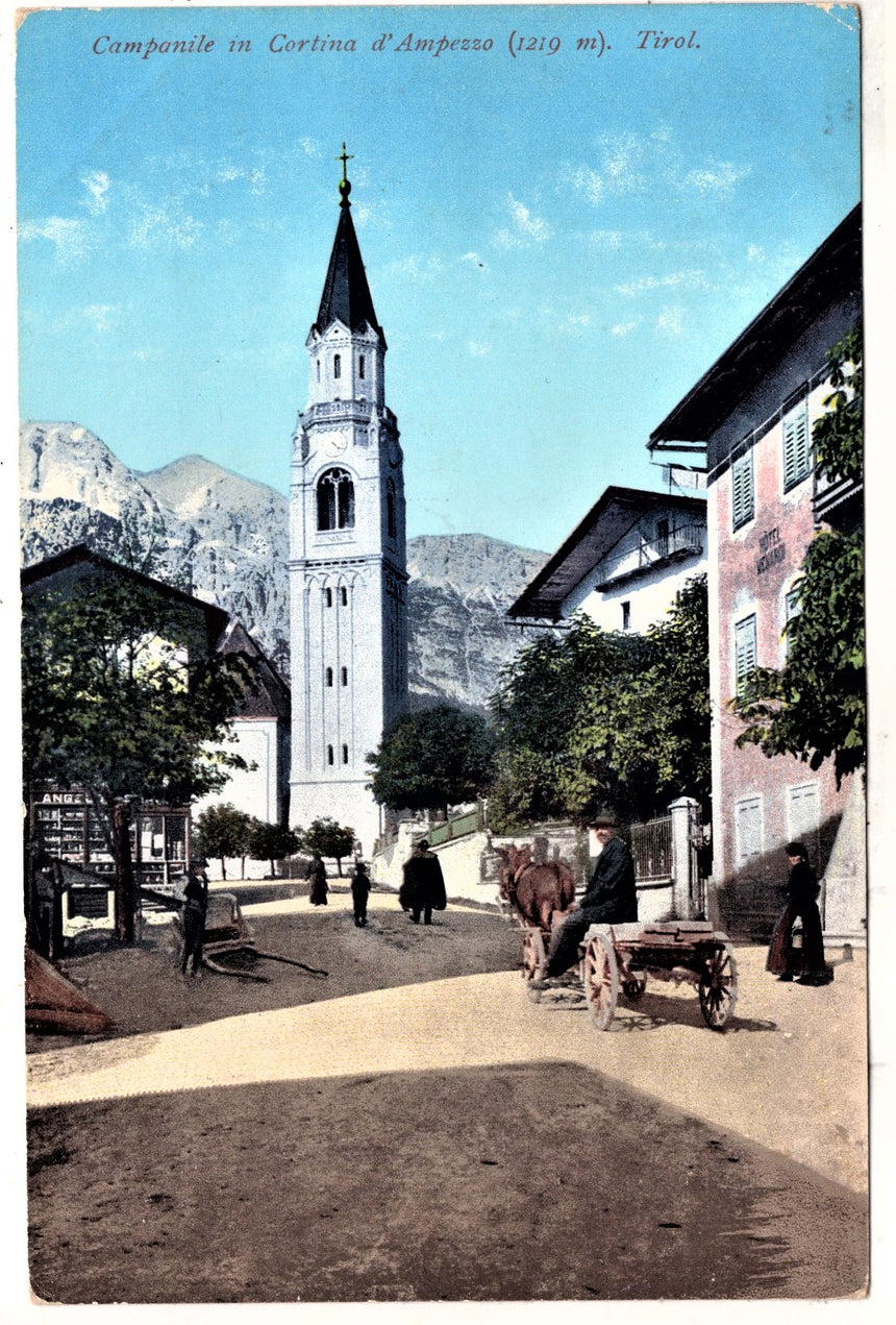 Cartolina antica Cortina d Ampezzo e campanile in Tirol