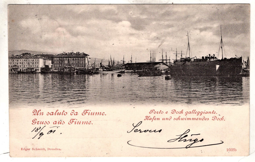 Cartolina antica Fiume porto e dock galleggiante