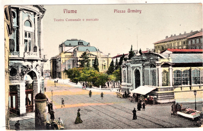 Cartolina antica Fiume teatro comunale e mercato piazza Urmeny