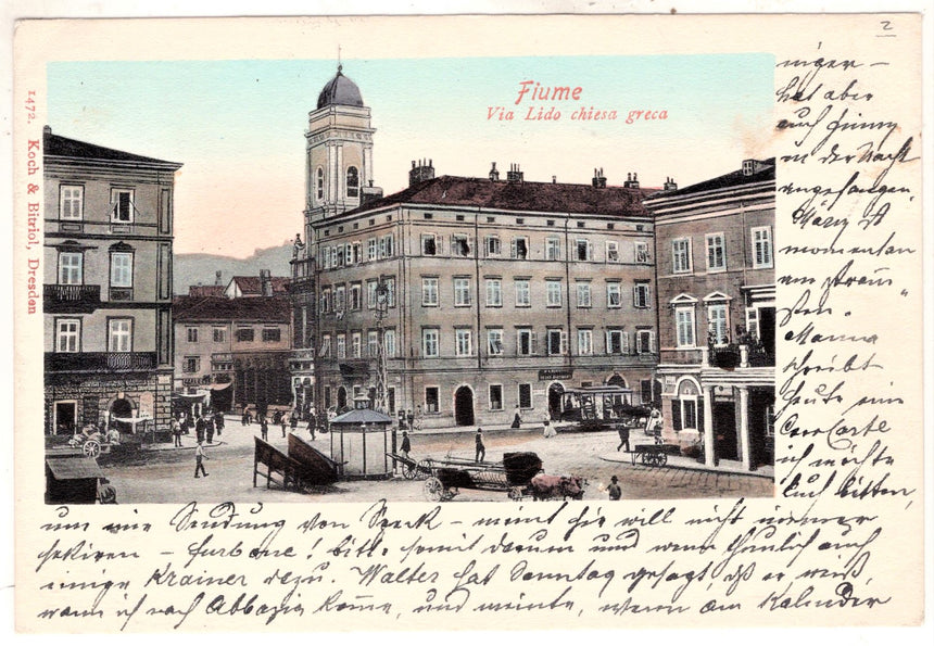 Cartolina antica Fiume via lido e chiesa greca