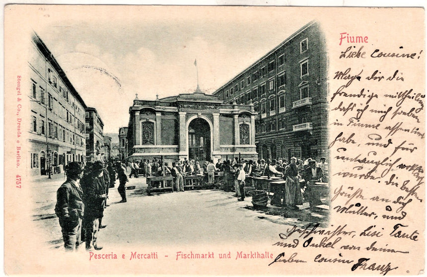 Cartolina antica Fiume pescheria e mercato