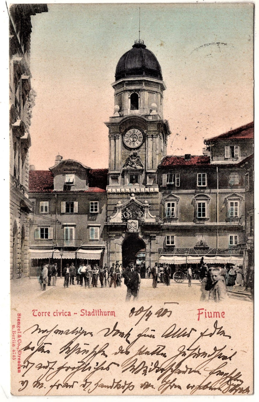 Cartolina antica Fiume torre civica