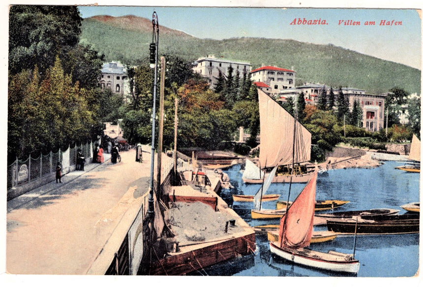 Cartolina antica Abbazia villen am hafen spedita a Brixen sud Tirolo