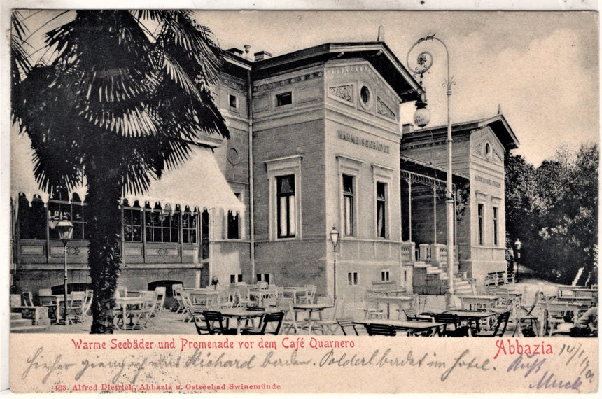 Cartolina antica Abbazia warme seebader promen. vor dem caffè Quarnero