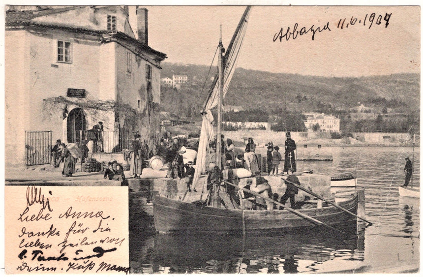 Cartolina antica Abbazia Volosca Hafenscene Croazia scena sul porto