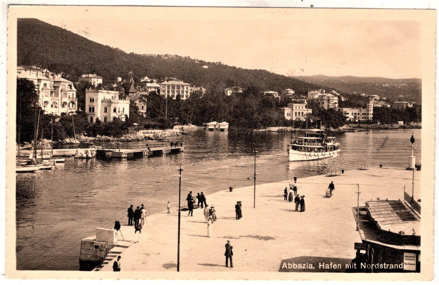 Cartolina antica Abbazia Hafen mit Nordstrand Croazia