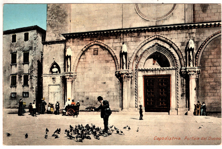 Cartolina antica Capodistria portale del Duomo Croazia