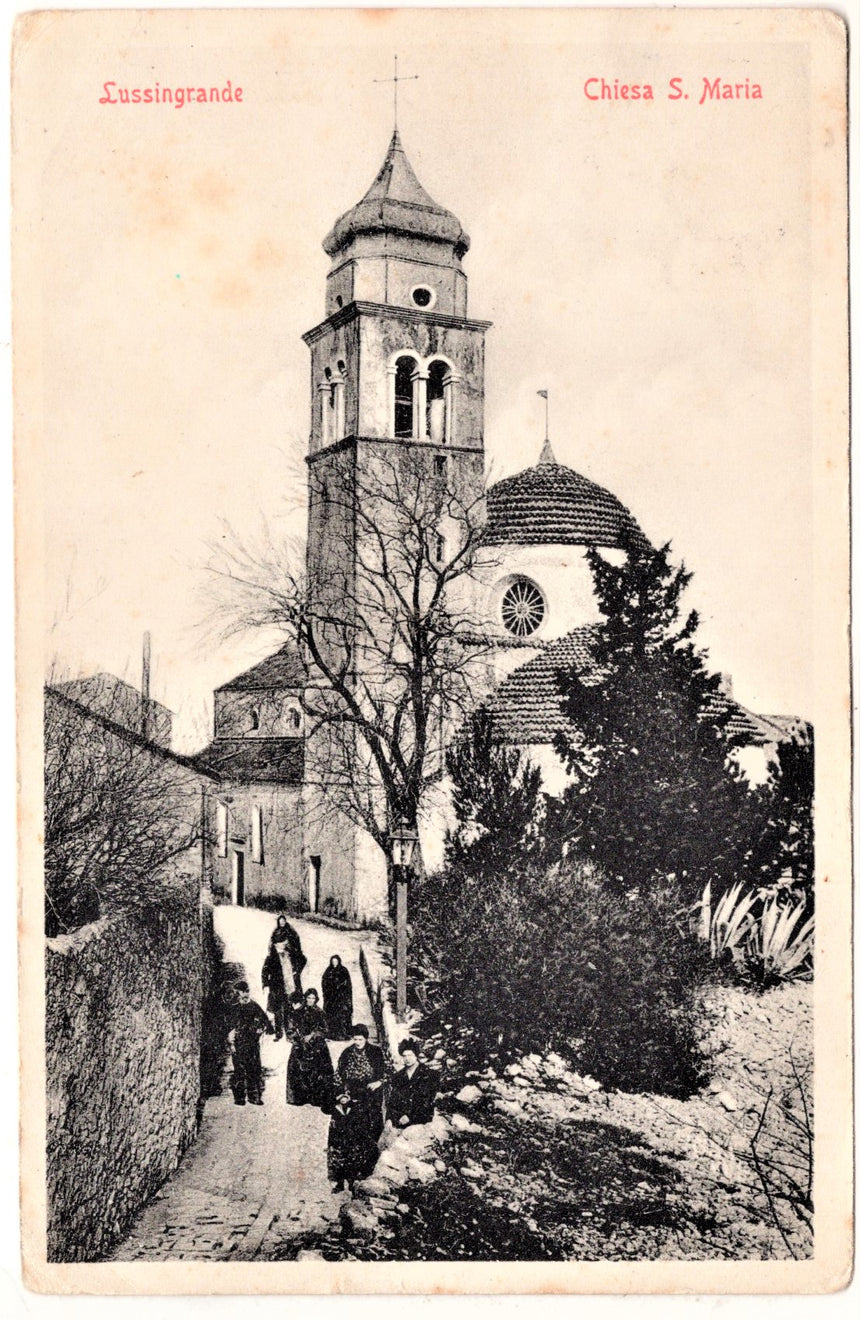 Cartolina antica Lussingrande chiesa S.Maria Croazia