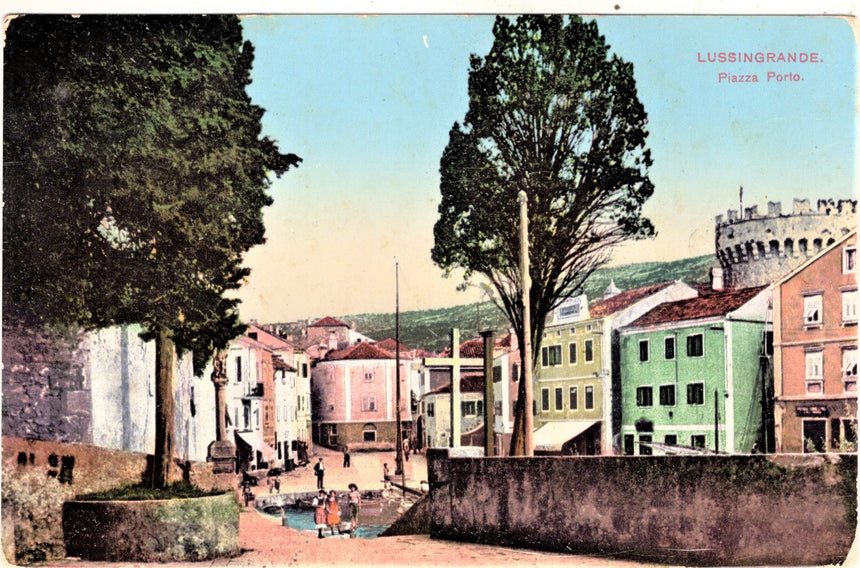 Cartolina antica Lussingrande piazza Porto Croazia