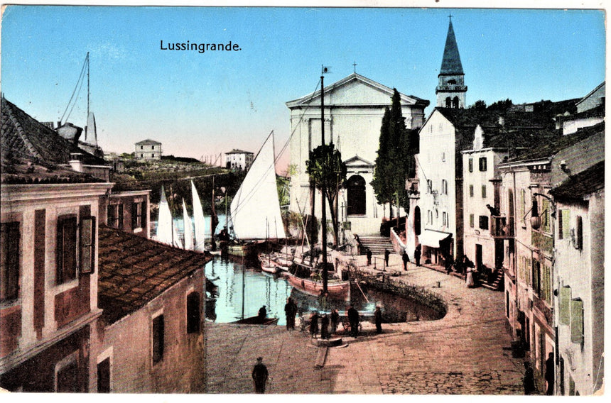 Cartolina antica Lussingrande particolare con chiesa Croazia