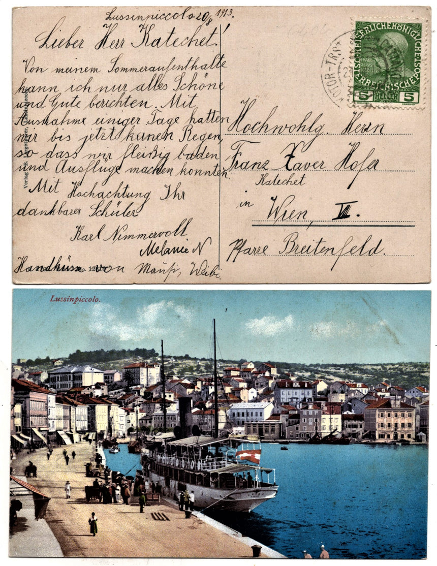 Cartolina antica Lussinpiccolo panorama del porto Croazia