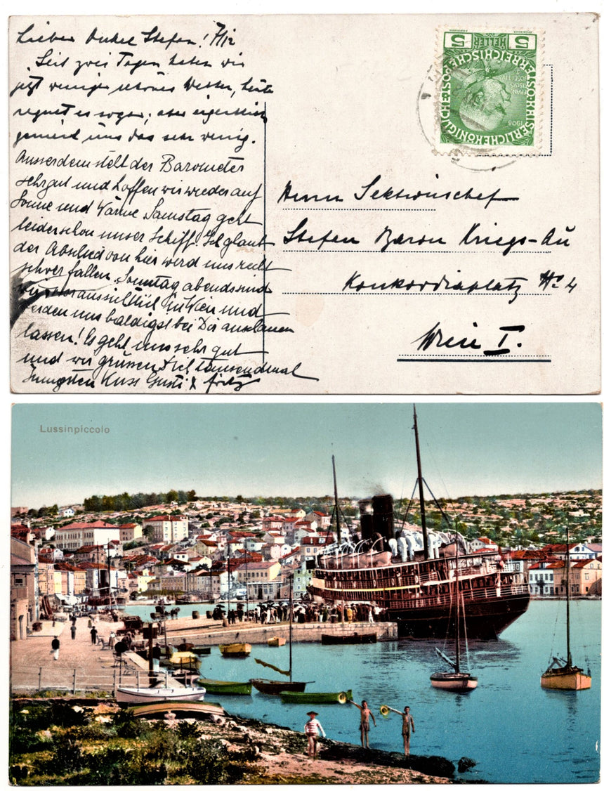 Cartolina antica Lussinpiccolo nave in porto Croazia