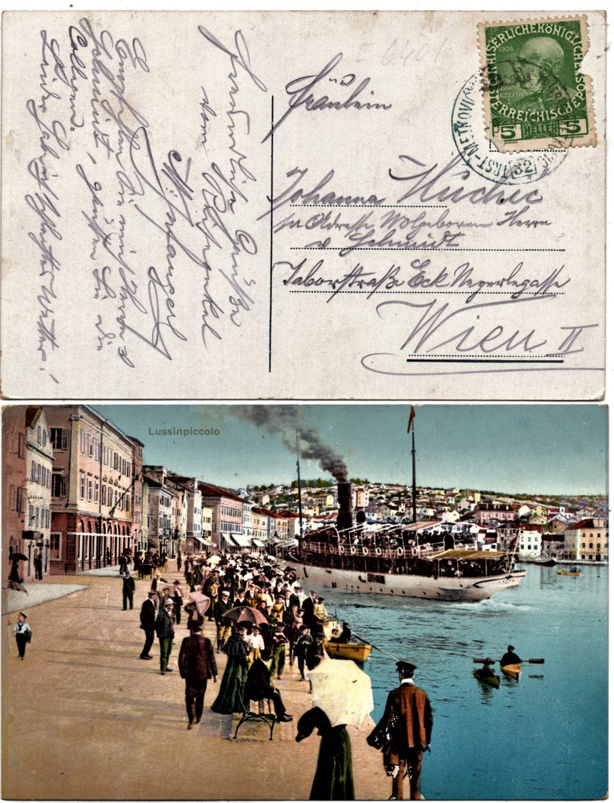 Cartolina antica Lussinpiccolo nave in porto Croazia