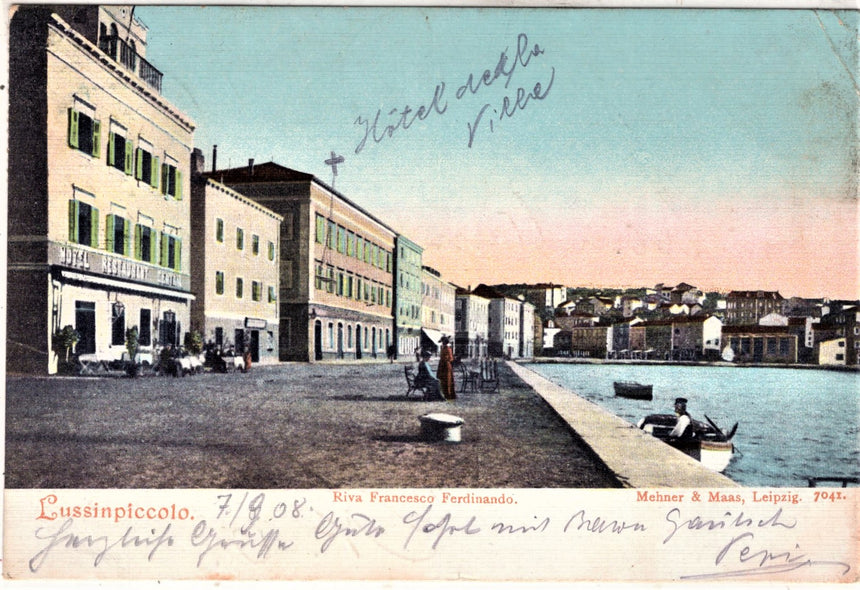 Cartolina antica Lussinpiccolo riva F. Ferdinando Hotel della Ville Croazia